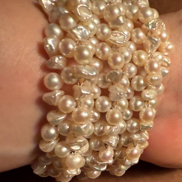 Woven freshwater pearl 925 sterling bracelet with huge druzy cabochon clasp. 7” - Picture 3 of 8